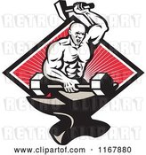 Vector Clip Art of Retro Strong Blacksmith Forging a Barbell on an Anvil over a Diamond of Rays on Red by Patrimonio