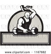 Vector Clip Art of Retro Strong Blacksmith Striking a Barbell over a Circle of Rays and Banner by Patrimonio