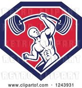 Vector Clip Art of Retro Strong Bodybuilder Guy Lifting a Barbell with One Hand in a Shield by Patrimonio