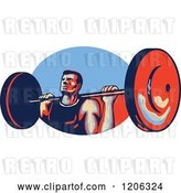 Vector Clip Art of Retro Strong Bodybuilder Lifting a Barbell over a Red and Blue Oval by Patrimonio