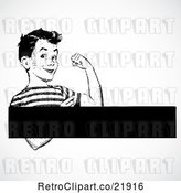 Vector Clip Art of Retro Strong Boy Flexing with a Text Box by BestVector