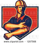 Vector Clip Art of Retro Strong Construction Worker Rolling up His Sleeves over a Diamond Patterned Shield by Patrimonio