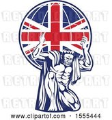 Vector Clip Art of Retro Strong Guy, Atlas, Kneeling and Holding a Uk Flag Globe on His Shoulders by Patrimonio