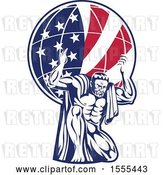 Vector Clip Art of Retro Strong Guy, Atlas, Kneeling and Holding an American Flag Globe on His Shoulders by Patrimonio