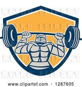 Vector Clip Art of Retro Strong Knight Working out with a Barbell in a Blue White and Yellow Shield by Patrimonio