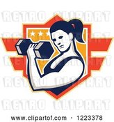 Vector Clip Art of Retro Strong Lady Doing Bicep Curls with a Dumbbell over a Shield by Patrimonio