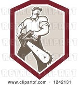 Vector Clip Art of Retro Strong Male Arborist with a Chainsaw in a Shield by Patrimonio