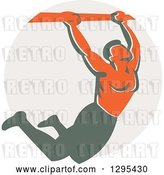 Vector Clip Art of Retro Strong Male Bodybuilder Doing Pull Ups on a Bar over a Taupe Circle by Patrimonio