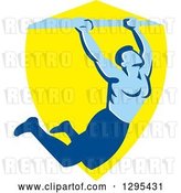 Vector Clip Art of Retro Strong Male Bodybuilder Doing Pull Ups on a Bar over a Yellow Shield by Patrimonio