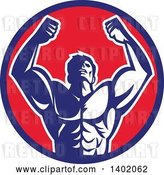 Vector Clip Art of Retro Strong Male Bodybuilder Holding His Arms up and Flexing in a Blue Red and White Circle by Patrimonio