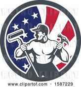Vector Clip Art of Retro Strong Male Painter or Handy Guy in an American Flag Circle by Patrimonio