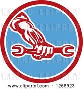 Vector Clip Art of Retro Strong Mechanic Hand Holding a Wrench in a Red White and Blue Circle by Patrimonio