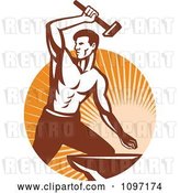 Vector Clip Art of Retro Strong Woodcut Blacksmith Striking an Anvil with a Hammer over Rays by Patrimonio