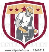 Vector Clip Art of Retro Strong Worker Operating a Jackhammer in a Shield by Patrimonio