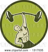 Vector Clip Art of Retro Strongman Bodybuilder Lifting a Barbell One Handed in a Green Circle by Patrimonio