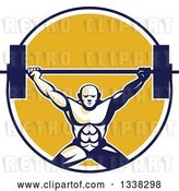 Vector Clip Art of Retro Strongman Bodybuilder Lifting a Barbell over His Head in a Blue White and Yellow Circle by Patrimonio
