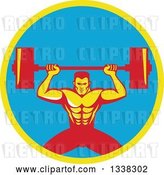 Vector Clip Art of Retro Strongman Bodybuilder Lifting a Barbell over His Head in a Yellow and Blue Circle by Patrimonio