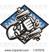 Vector Clip Art of Retro Strongman with Chains and a Dumbbell in Hand, Crashing Through a Blue Diamond by Patrimonio