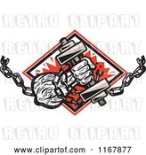 Vector Clip Art of Retro Strongman with Chains and a Dumbbell in Hand, Crashing Through a Red Diamond by Patrimonio