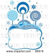 Vector Clip Art of Retro Styled Background of Blue Circle Trees and Snowflakes over a Blank Text Box by Pushkin