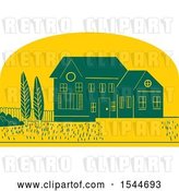 Vector Clip Art of Retro Styled House and Yard in a Yellow Half Circle by Patrimonio
