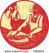 Vector Clip Art of Retro Styled Male Asian Chef or Butcher Chopping Meat in a Red and Yellow Circle by Patrimonio