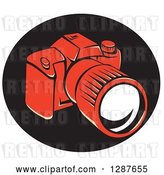 Vector Clip Art of Retro Styled Red DSLR Camera in a Black Oval by Patrimonio
