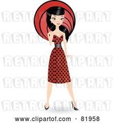 Vector Clip Art of Retro Stylish Black Haired Lady in a Polka Dot Dress, in Front of a Red Circle by Melisende Vector