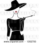Vector Clip Art of Retro Stylish Lady Wearing a Hat and Black Dress, Smoking a Cigarette with a Long Filter by BNP Design Studio