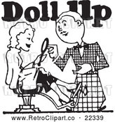 Vector Clip Art of Retro Stylist with a Client and Doll up Text by BestVector