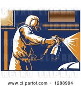 Vector Clip Art of Retro Suited up Worker Spray Painting a Car, with a White Border by Patrimonio
