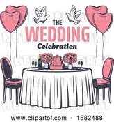 Vector Clip Art of Retro Table with Flowers, Doves, Balloons, Text and a Wedding Cake by Vector Tradition SM