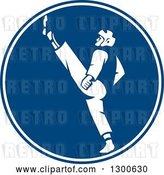 Vector Clip Art of Retro Taekwondo Fighter Kicking in a Blue and White Circle by Patrimonio