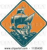 Vector Clip Art of Retro Tall Galleon Ship at Sea in an Orange Diamond by Patrimonio