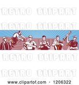 Vector Clip Art of Retro Team of Tradesmen Professional Workers and Roofs over Rays by Patrimonio