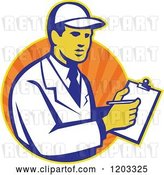 Vector Clip Art of Retro Technician Writing on a Clipboard over an Orange Circle of Rays| Royalty Free Vector Illustration by Patrimonio