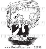 Vector Clip Art of Retro Teen Girl Daydreaming of Music and Mathmatics over a Book in Black and White by Picsburg