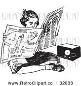 Vector Clip Art of Retro Teen Girl Reading a Newspaper on the Floor by Picsburg