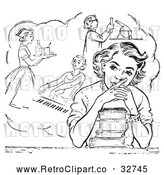 Vector Clip Art of Retro Teen High School Girl Daydreaming of Careers over Books in Black and White by Picsburg