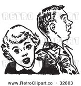 Vector Clip Art of Retro Teenage Couple Looking Shocked in Black and White by Picsburg