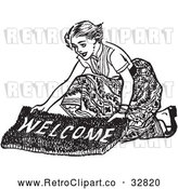 Vector Clip Art of Retro Teenage Girl Laying out a Welcome Mat for Boys by Picsburg