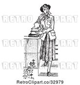 Vector Clip Art of Retro Teenage Girl Looking Thoughtful and Standing with Books on Steps by Picsburg
