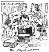 Vector Clip Art of Retro Teenage Girls Gossiping Behind a Boy Covering His Ears in a Library in by Picsburg