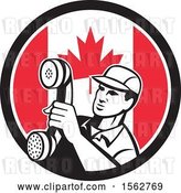 Vector Clip Art of Retro Telephone Repair Guy Holding out a Receiver in a Canadian Flag Circle by Patrimonio