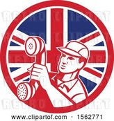 Vector Clip Art of Retro Telephone Repair Guy Holding out a Receiver in a Union Jack Flag Circle by Patrimonio