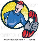 Vector Clip Art of Retro Telephone Repair Guy in a Circle of Rays Holding out a Red Receiver by Patrimonio
