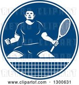 Vector Clip Art of Retro Tennis Player Guy in an Aggressive Competitive Stance in a Blue and White Circle by Patrimonio
