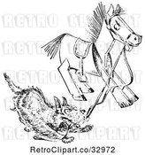 Vector Clip Art of Retro Terrier Dog Playing with a Wooden Toy Horse by Picsburg