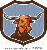 Vector Clip Art of Retro Texas Longhorn Steer Bull in a Brown White and Blue Shield by Patrimonio