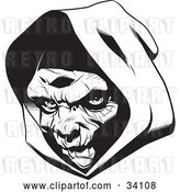 Vector Clip Art of Retro the Head of the Grim Reaper, Partially in Shadow Under a Hood by Lawrence Christmas Illustration